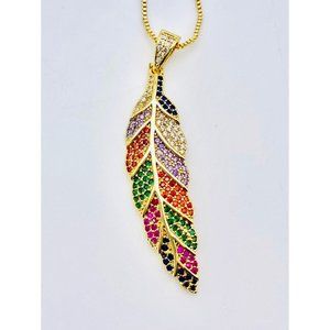 Feather rainbow pave CZ pendant necklace